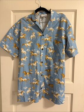 Ganni Light Blue Short-Sleeve Horse Print Button-Down Shirt